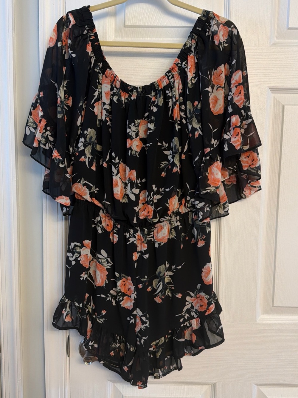 eesome Black Floral Off-Shoulder Tunic Romper with Peach Roses